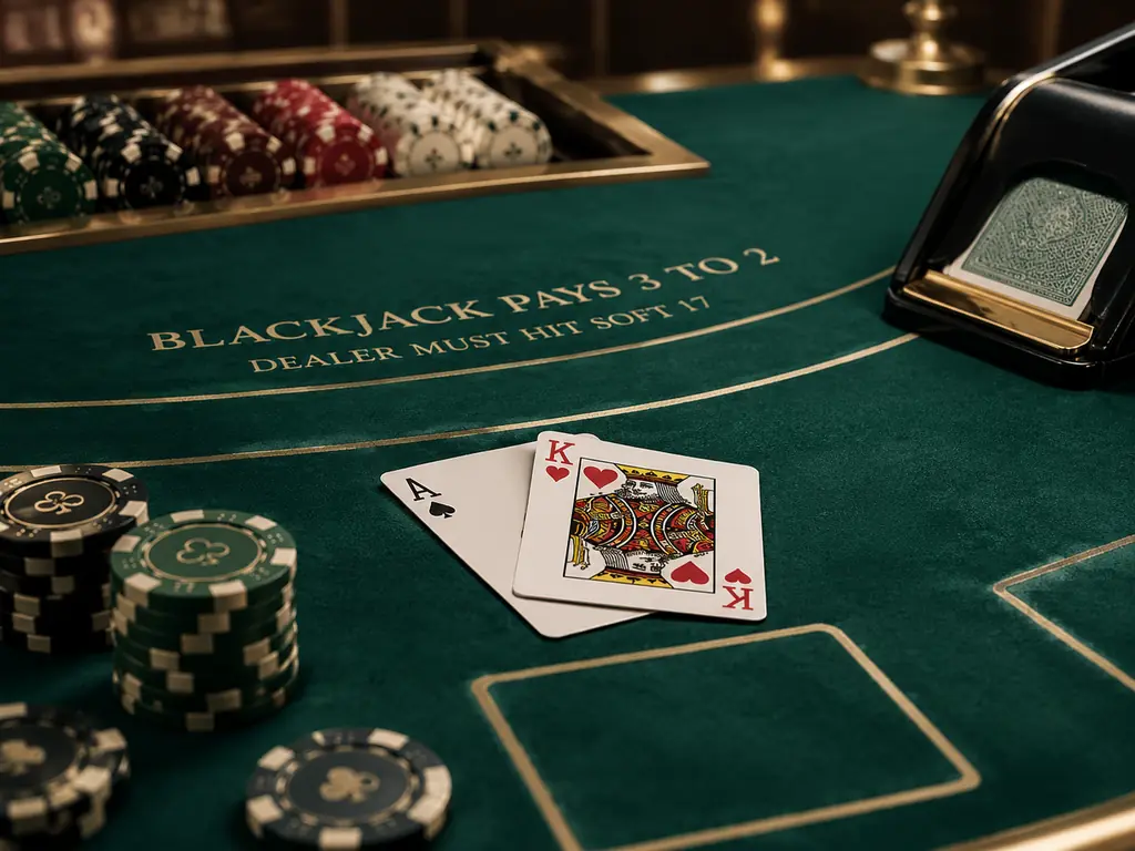 Meja blackjack dengan kartu terbuka dan rak cip