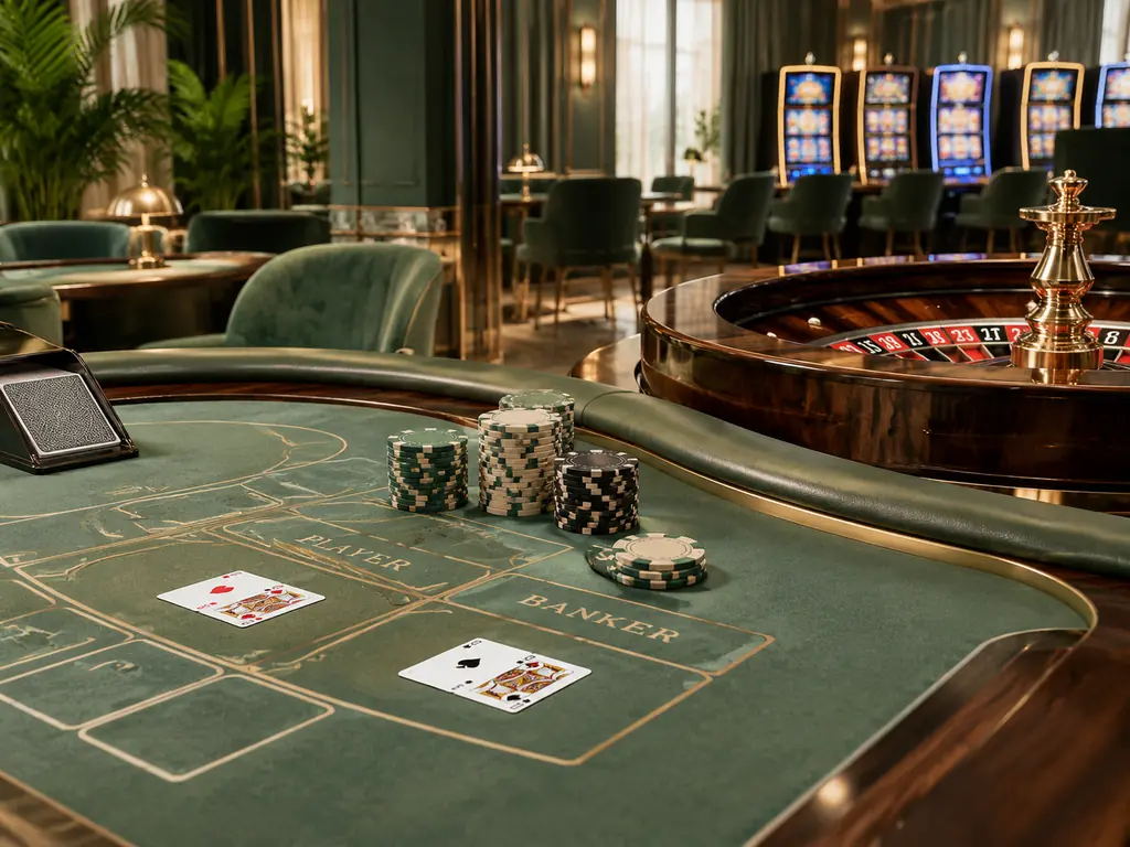 Meja kartu dan roda roulette di ruang kasino bernuansa hijau kabut