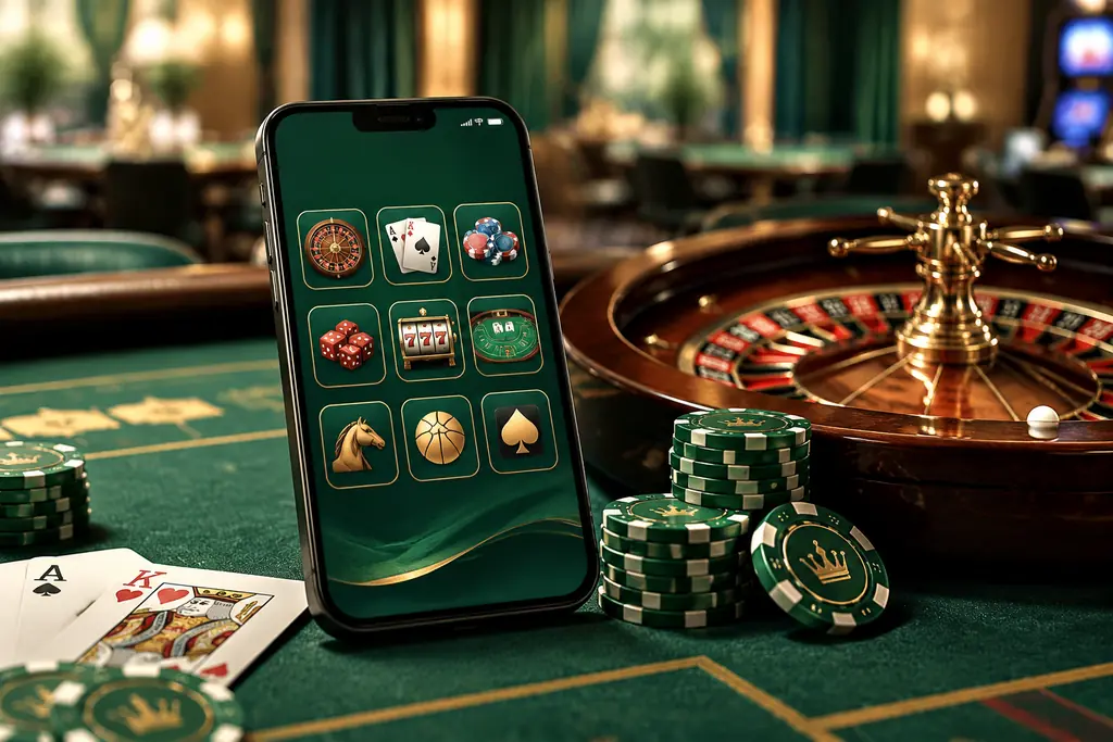 Ponsel di dekat roda roulette dan cip kasino