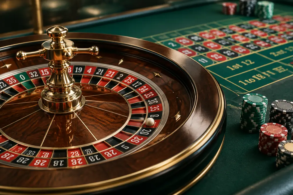 Roda roulette satu nol dan tata letak taruhan berwarna hijau