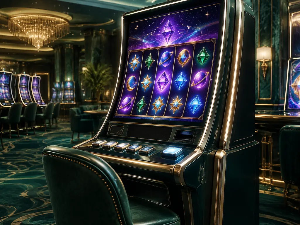 Kabinet slot bertema kosmik dengan gulungan dan cahaya ungu