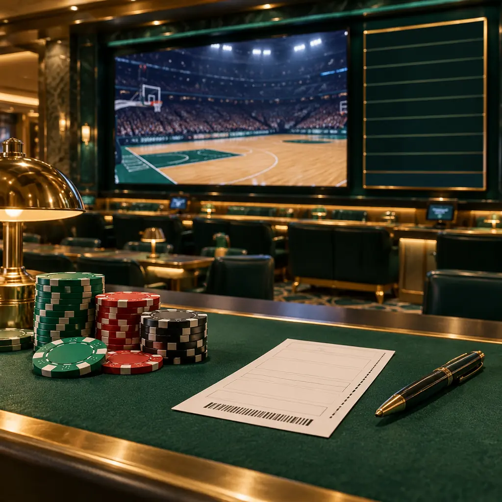 Layar bola basket dan papan jadwal kosong di ruang sportsbook kasino